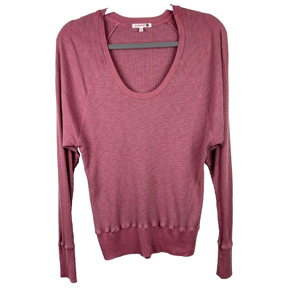 Sundry Rose Pink Scoopneck Long Sleeve Knit T Shirt Top Cotton Casual Cuffed 2
